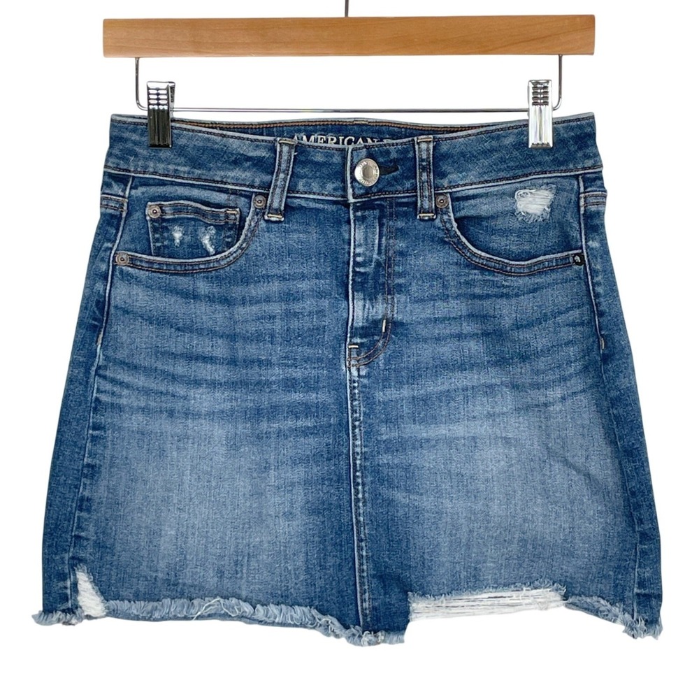 Y2K American Eagle Distressed Micro Mini Blue Denim Skirt Size 4‎ Festival Indie